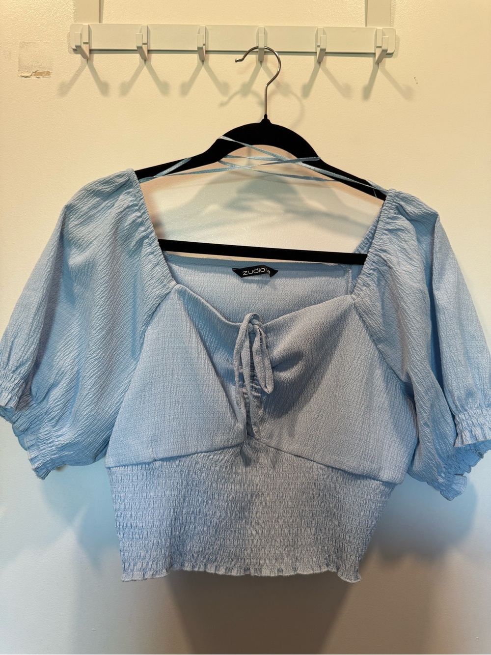 Light Blue Smocked Tie-Front Crop Top